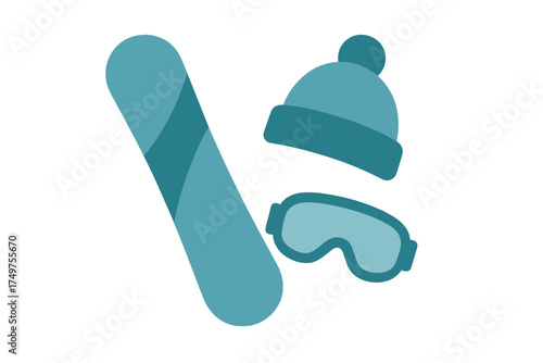 Snowboard gear icons set including hat and protective eyewear