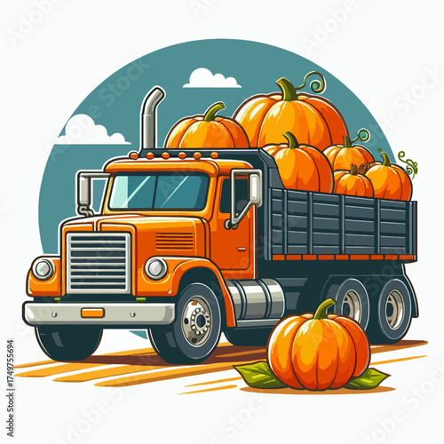 An orange semi-truck hauling a large load of ripe pumpkins for the autumn harvest season.