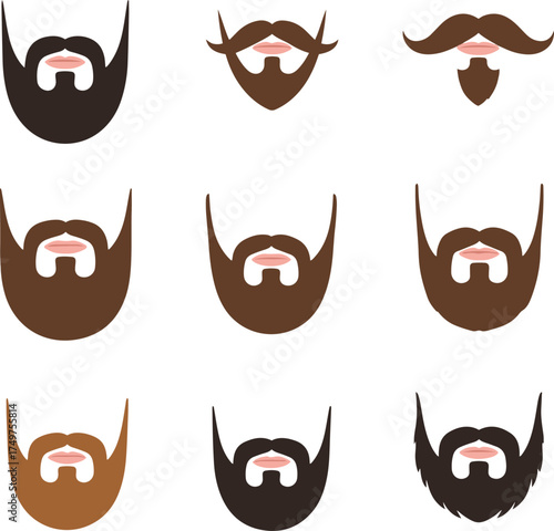 A diverse set of nine vector illustrations showcasing various modern and classic beard and mustache styles.