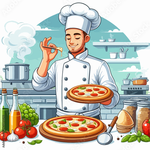 A cartoon illustration of a smiling male chef preparing and arranging grilled skewers on a wooden board with sauce.