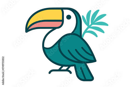 Stylized tropical toucan bird perched next to a jungle leaf icon