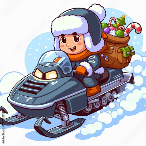 A cheerful cartoon child rides a snowmobile through the snow, carrying a sack filled with festive holiday gifts and candy.