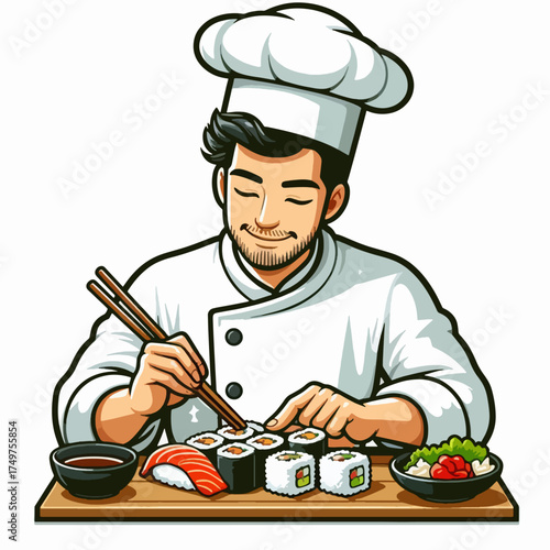 A cartoon illustration of a smiling male chef preparing and arranging grilled skewers on a wooden board with sauce.