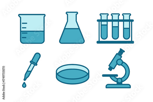 Basic laboratory and science equipment icons in blue tones