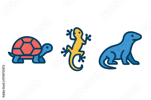Stylized icons of reptile and amphibian animals including turtle, lizard, and salamander