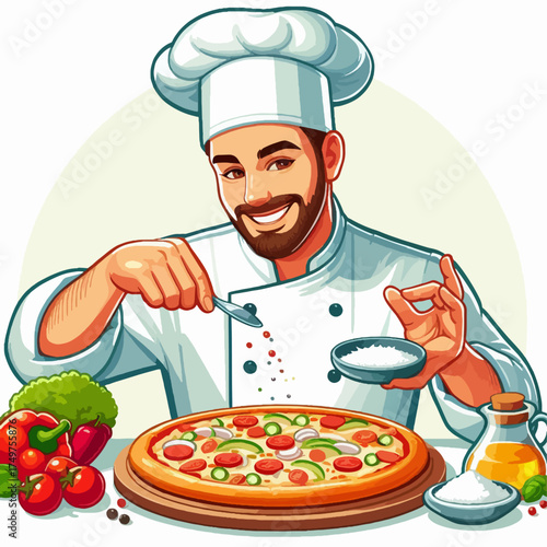 A cartoon illustration of a smiling male chef preparing and arranging grilled skewers on a wooden board with sauce.