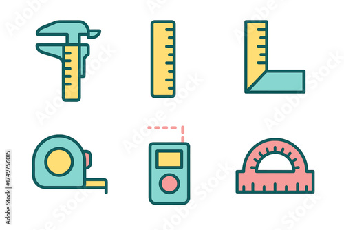 Colorful measuring tools icons set with caliper ruler tape measure and protractor