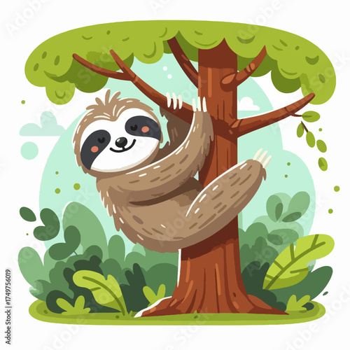 A cute cartoon sloth with a happy face hangs upside down from a tree branch in a lush green jungle environment.