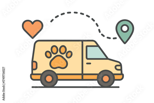 Pet transport service van with location tracking and care symbol