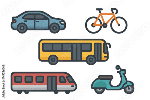 Colorful icons representing various urban and public transportation vehicles