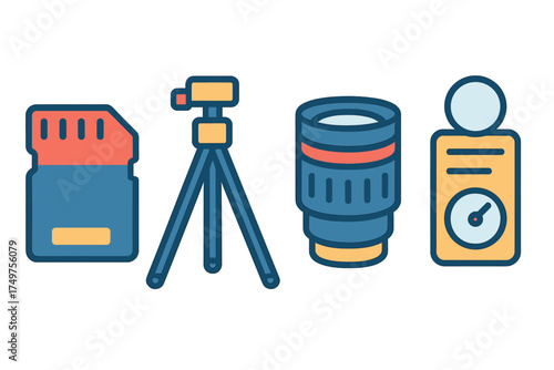 Photography equipment icons including memory card, tripod, lens, and light meter