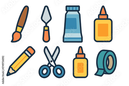 Colorful assortment of essential art and craft supplies icons