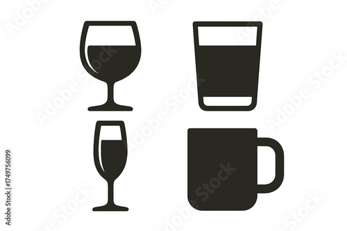 Four dark beverage container icons featuring wine glass and coffee mug