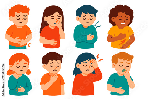 Set of children experiencing various common sickness symptoms and discomfort