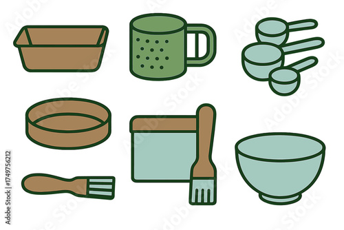 Collection of essential baking and cooking utensil icons for kitchen preparation