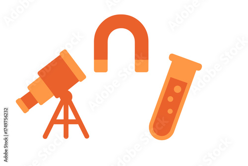 Set of orange icons for telescope magnet and chemistry test tube concepts