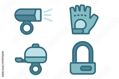 Bicycle accessories icons set featuring light bell glove and security lock