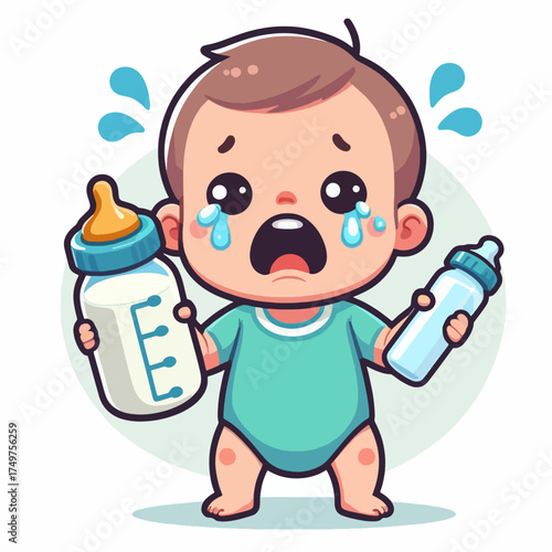 A distressed baby is crying intensely while holding two baby bottles, one full of milk and the other empty.