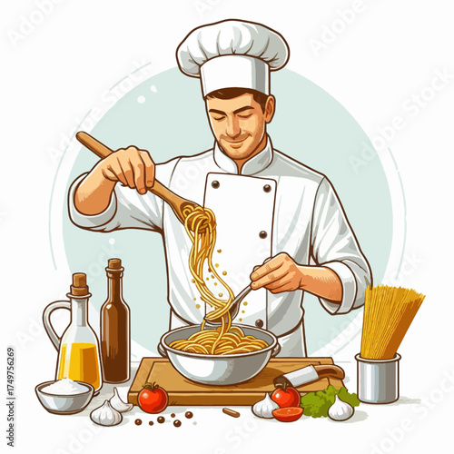 A cartoon illustration of a smiling male chef preparing and arranging grilled skewers on a wooden board with sauce.