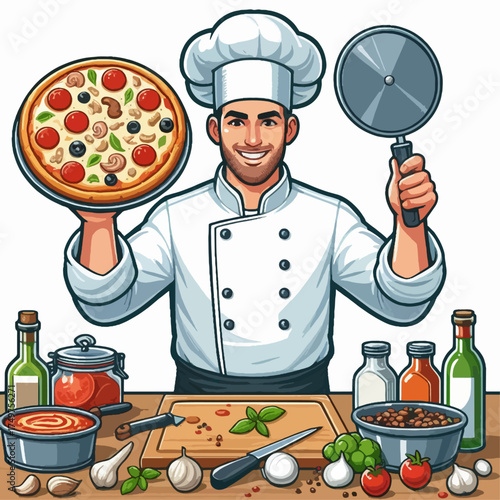 A cartoon illustration of a smiling male chef preparing and arranging grilled skewers on a wooden board with sauce.