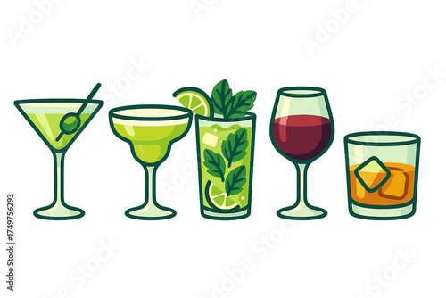 Five assorted cocktail glasses with alcoholic beverages for a bar menu