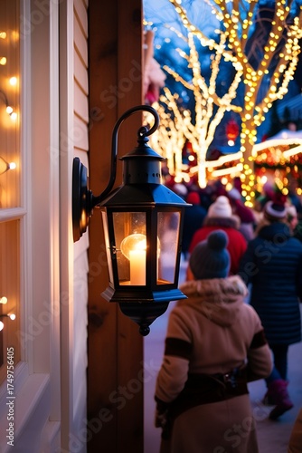 Vertical Christmas market lantern light with burred background with tree and ski. Retro style street sparkle lamp with beautiful bokeh