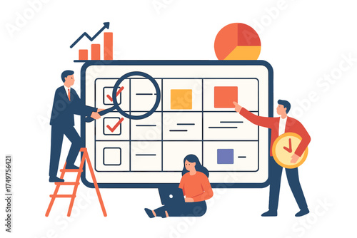 Business team analyzing metrics on large digital display with checklist