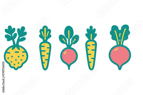 Carrots and radishes assorted root vegetable icons collection