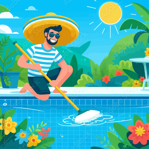 A cartoon illustration of a smiling male chef preparing and arranging grilled skewers on a wooden board with sauce.