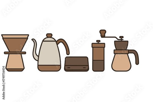 Manual coffee brewing equipment set flat design icons for cafe service