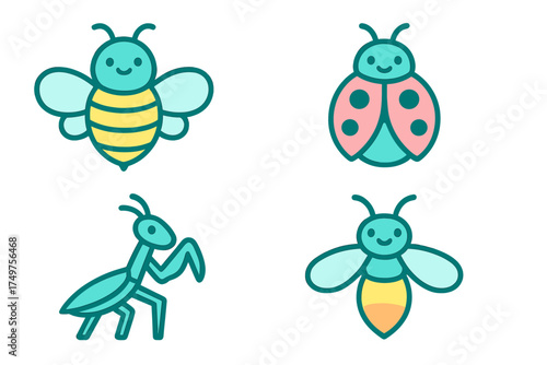 Cute cartoon insect icons set featuring bee ladybug mantis and firefly