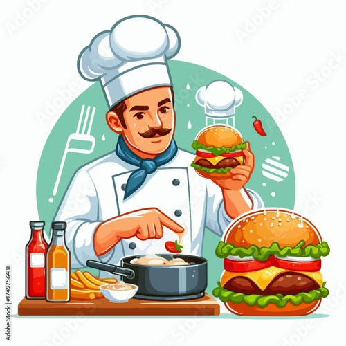 A cartoon illustration of a smiling male chef preparing and arranging grilled skewers on a wooden board with sauce.