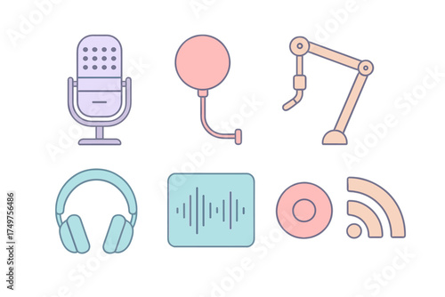 Colorful icons representing podcasting and audio recording equipment