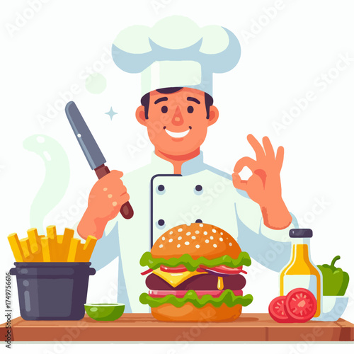 A cartoon illustration of a smiling male chef preparing and arranging grilled skewers on a wooden board with sauce.