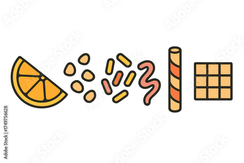 Colorful assortment of dessert toppings and sweet treat ingredients icons