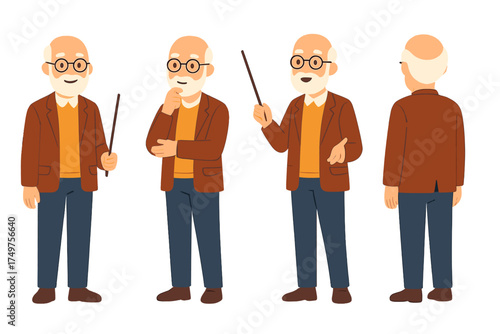 Elderly male professor character set with pointer stick and various poses