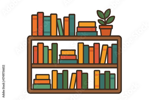 Minimalist wooden bookshelf stocked with vibrant books and small houseplant