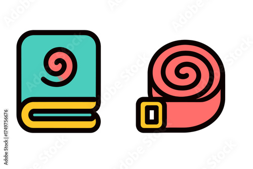 Yoga mat and folded towel icons for fitness and relaxation activities