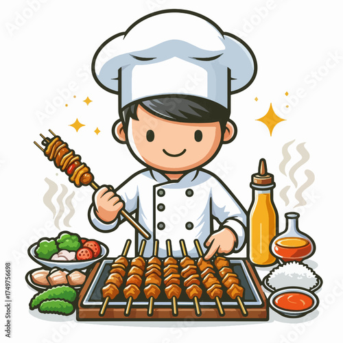 A cartoon illustration of a smiling male chef preparing and arranging grilled skewers on a wooden board with sauce.