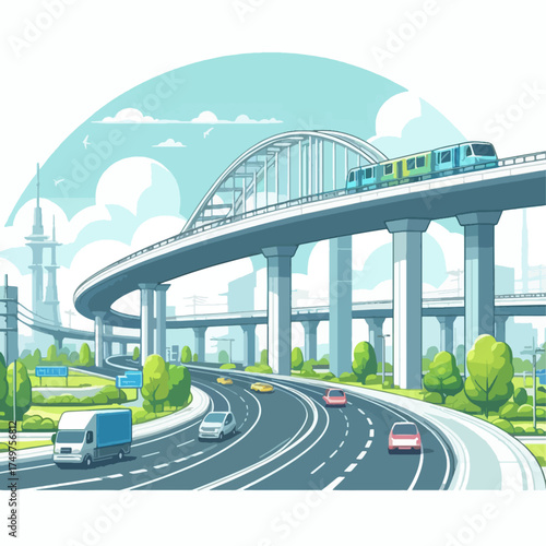 A vibrant illustration of a modern city's multi-level transportation infrastructure with highways, an elevated train, and urban landscape.