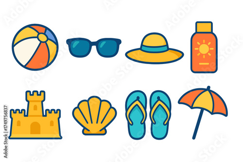 Colorful icons for seaside recreation and summer vacation activities