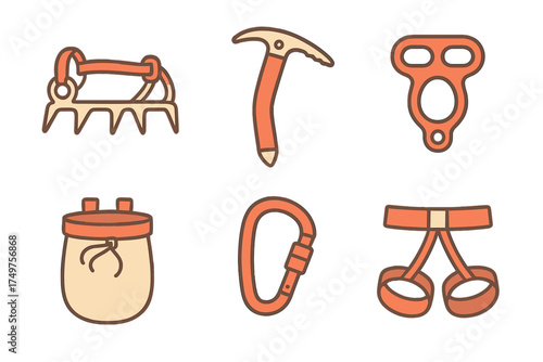 Colorful icons of essential climbing and mountaineering gear