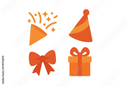 Orange party celebration icons set with confetti popper hat bow and gift box