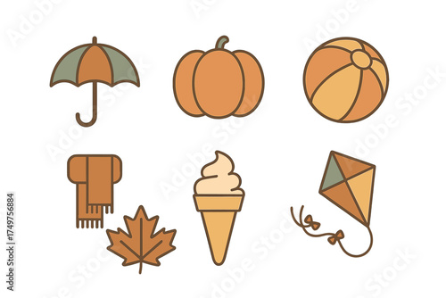 Set of seasonal activity icons including umbrella scarf pumpkin ice cream and kite