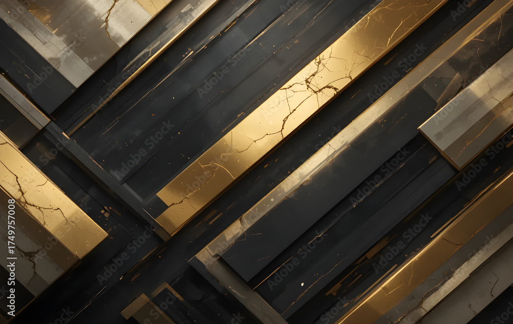 Obraz premium Luxury black and metallic gold backdrop with layered diagonal geometry and smooth reflective gradients. Premium 3D minimal abstract design.