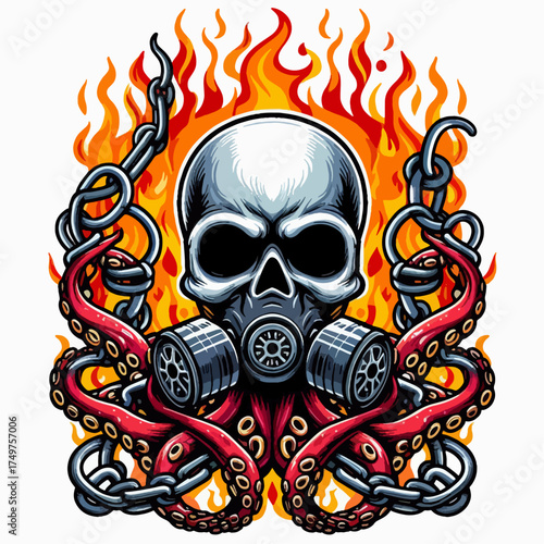 Skull with gas mask and octopus tentacles surrounded by flames and chains, a dark and edgy illustration.