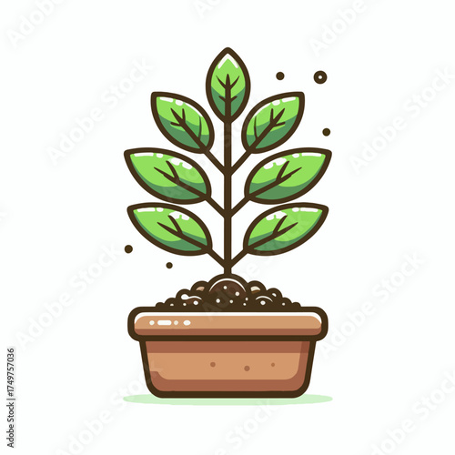 A simple cartoon illustration of a small green plant with several leaves growing in a brown pot.
