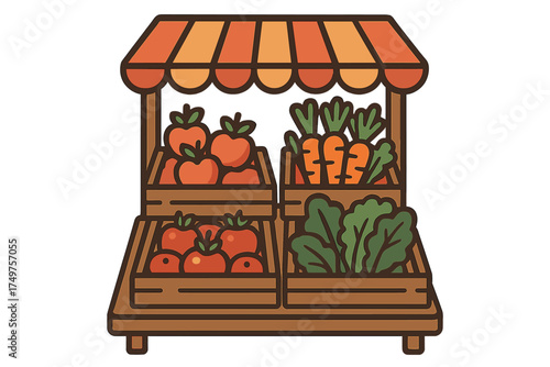 Fresh produce stand with tomatoes carrots and leafy greens display