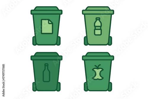 Four green wheeled bins for waste separation with distinct recycling icons