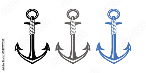 Anchor nautical marine sea ocean boat ship rope vector silhouette. Anchor with rope silhouette icon vector on white background
